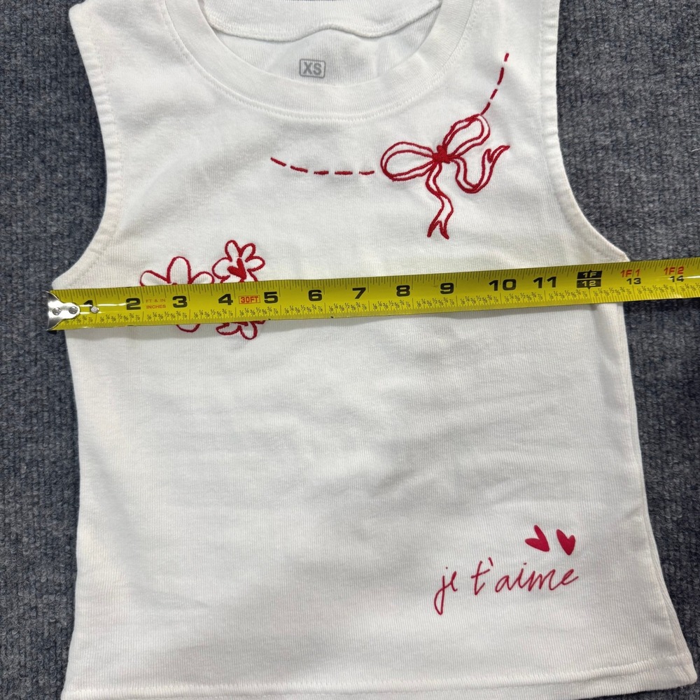 Ripple Junction White Ribbed Embroidered Red Je T'aime Bow Tank Top Size XS - Picture 5 of 6